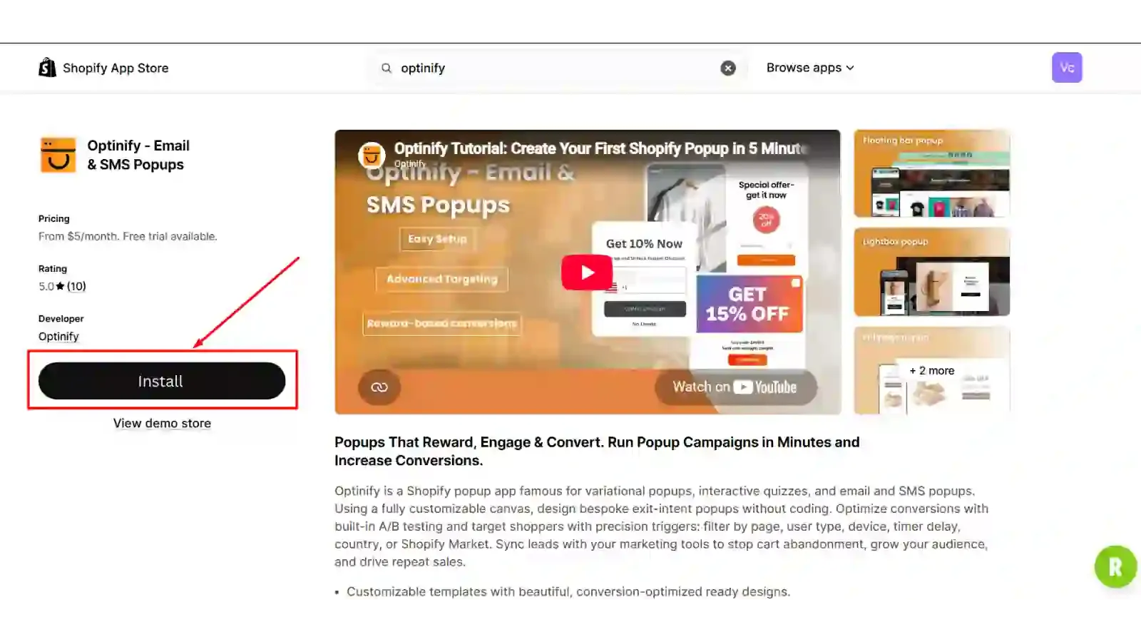 Install Optinify from Shopify app store